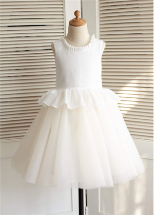 Ivory Cotton Champagne Tulle Peplum Flower Girl Dress